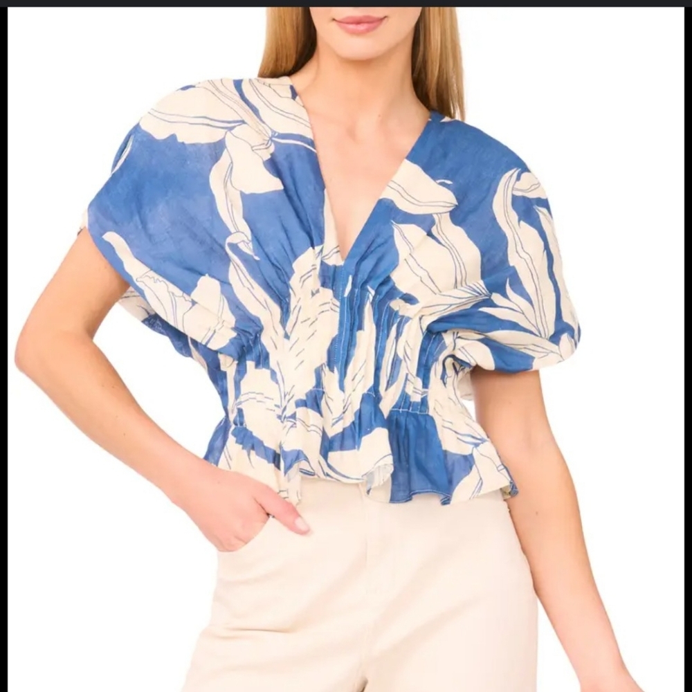 Parker The Halle Linen-Blend Pintucked Blue Floral Top  SZ 4 NWTs